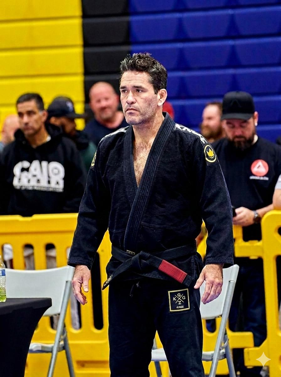 Black belt coach in a black gi at a tournament